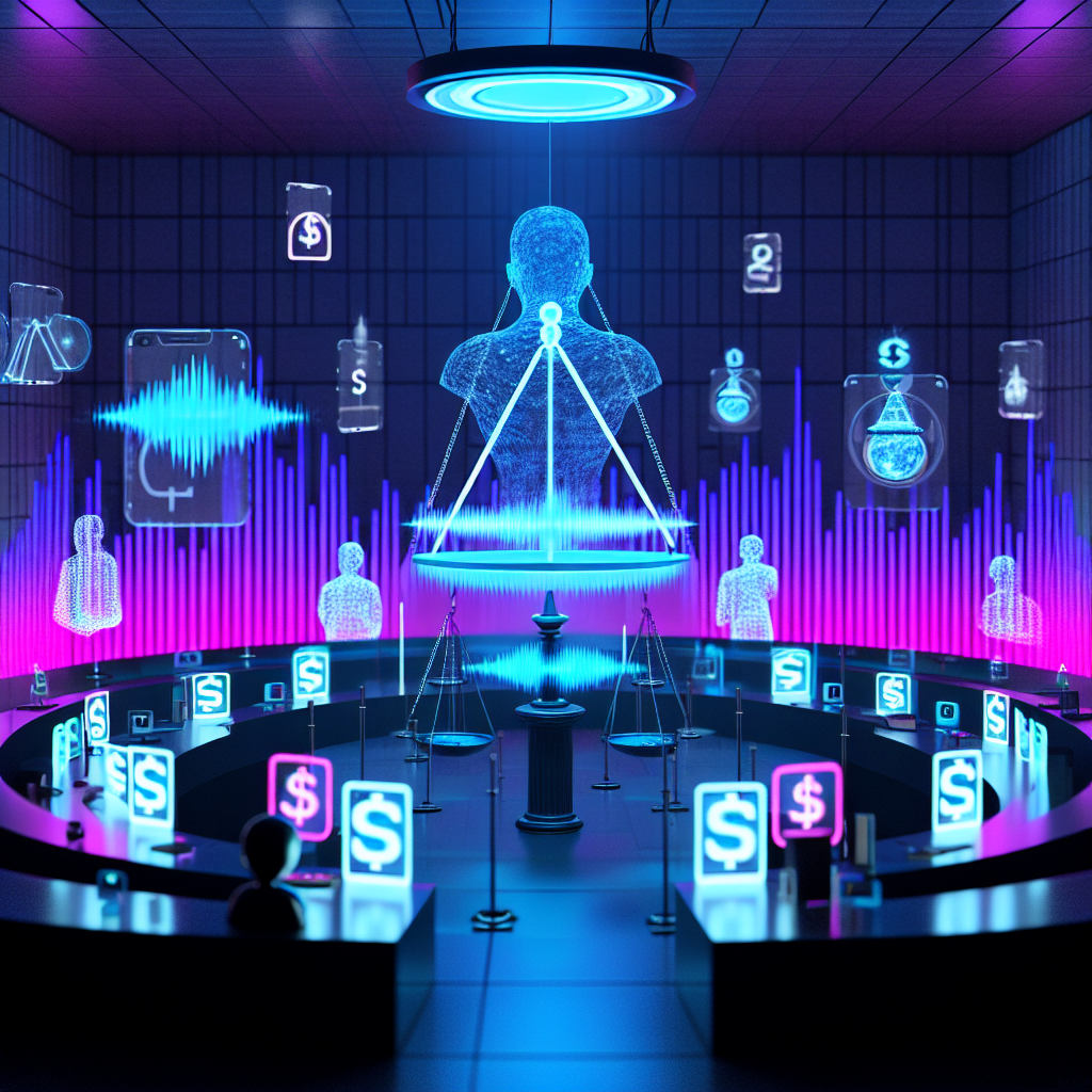 Explorando el Acuerdo de Privacidad de Siri en el Ciberespacio Visualización futurista del acuerdo de privacidad de Siri en un entorno cibernético con balanza y símbolos de datos