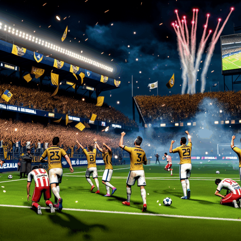 Celebración de Tigres UANL al avanzar a semifinales en estadio lleno con fuegos artificiales