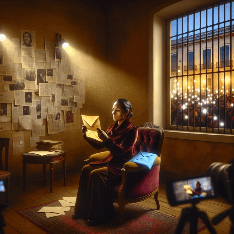Mujer leyendo cartas antiguas en una sala iluminada con paredes cubiertas de periódicos y cartas de amor de José Alperovich