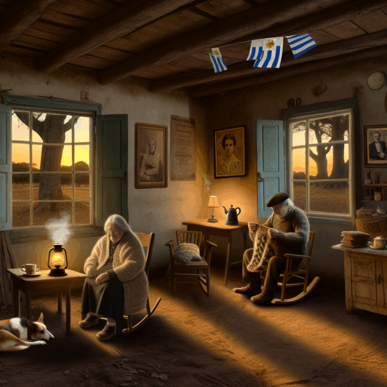 Entorno rural en Uruguay con ancianos en una casa, banderas y recuerdos de Pepe Mujica