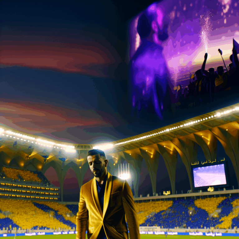 Cristiano Ronaldo caminando en estadio de Al Nassr bajo luces vibrantes