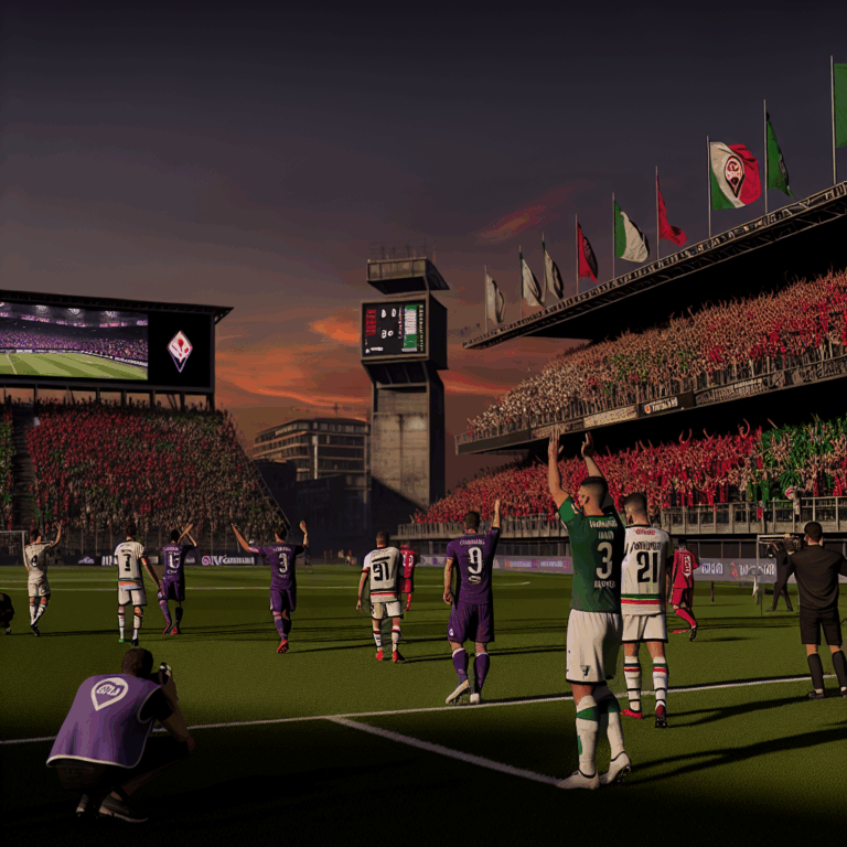 Venezia celebra victoria en el campo contra Fiorentina en atardecer