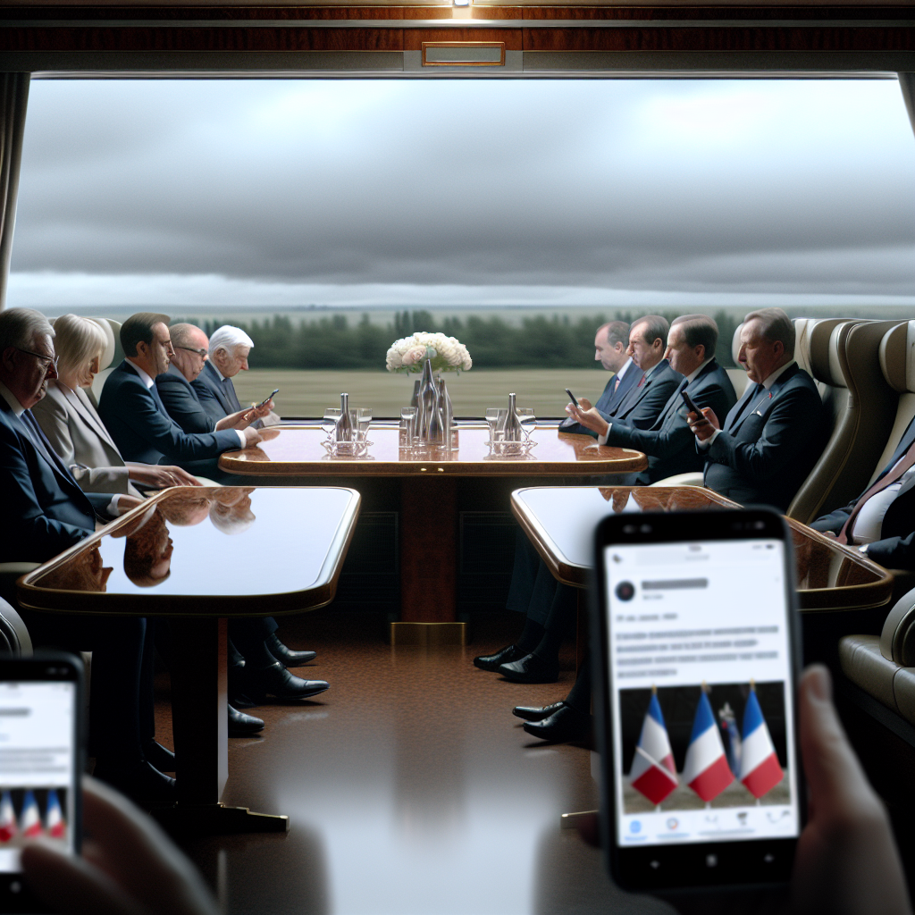 Reunión de alto nivel en tren de lujo en movimiento Líderes políticos en reunión formal en un tren de lujo