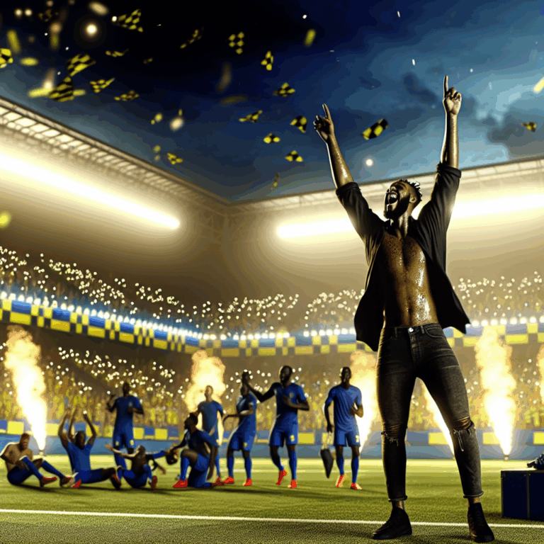 Celebración de la victoria de Al Nassr sobre Al Okhdood en un estadio iluminado con fuegos artificiales y confeti