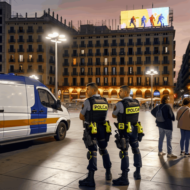 Agentes de Guardia Urbana con pistolas Taser vigilando en plaza urbana