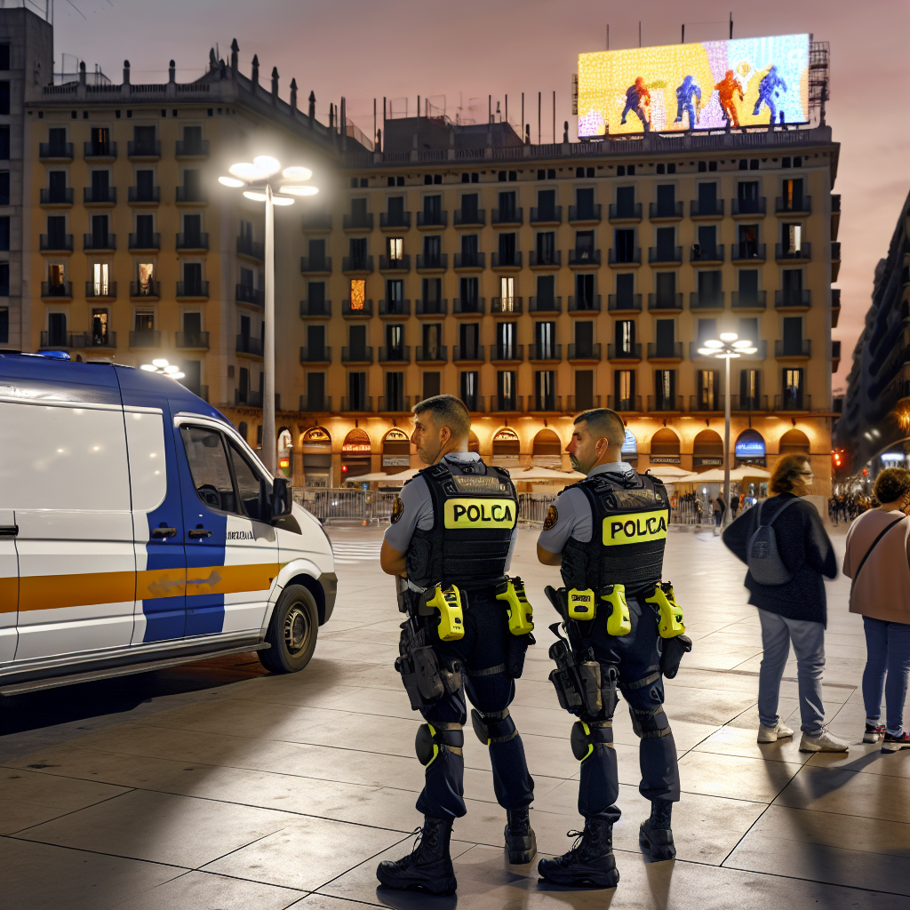 Vigilancia Nocturna: Guardia Urbana Armada con Taser en Servicio Agentes de Guardia Urbana con pistolas Taser vigilando en plaza urbana