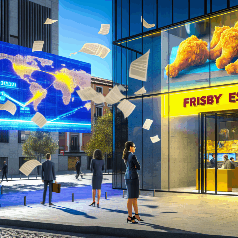 Escena urbana mostrando una tienda Frisby con papeles volando, indicando disputa de marca en España.