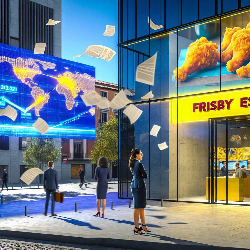 Frisby en el centro de una disputa de marca en España Escena urbana mostrando una tienda Frisby con papeles volando, indicando disputa de marca en España.